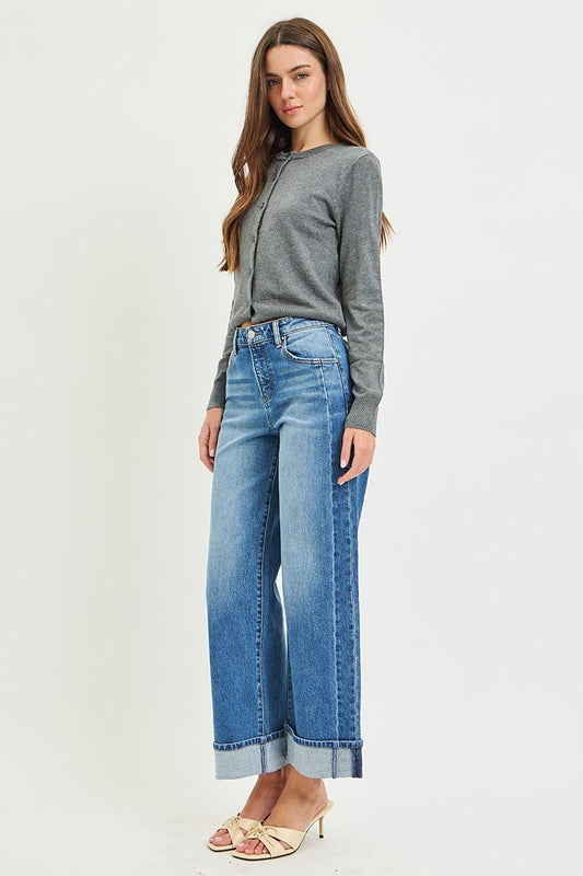 Risen slouchy crop wide leg cuffed jeans