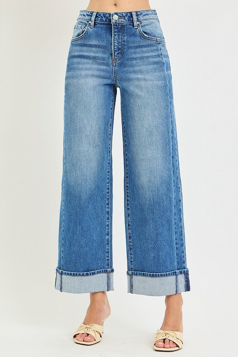 Risen slouchy crop wide leg cuffed jeans