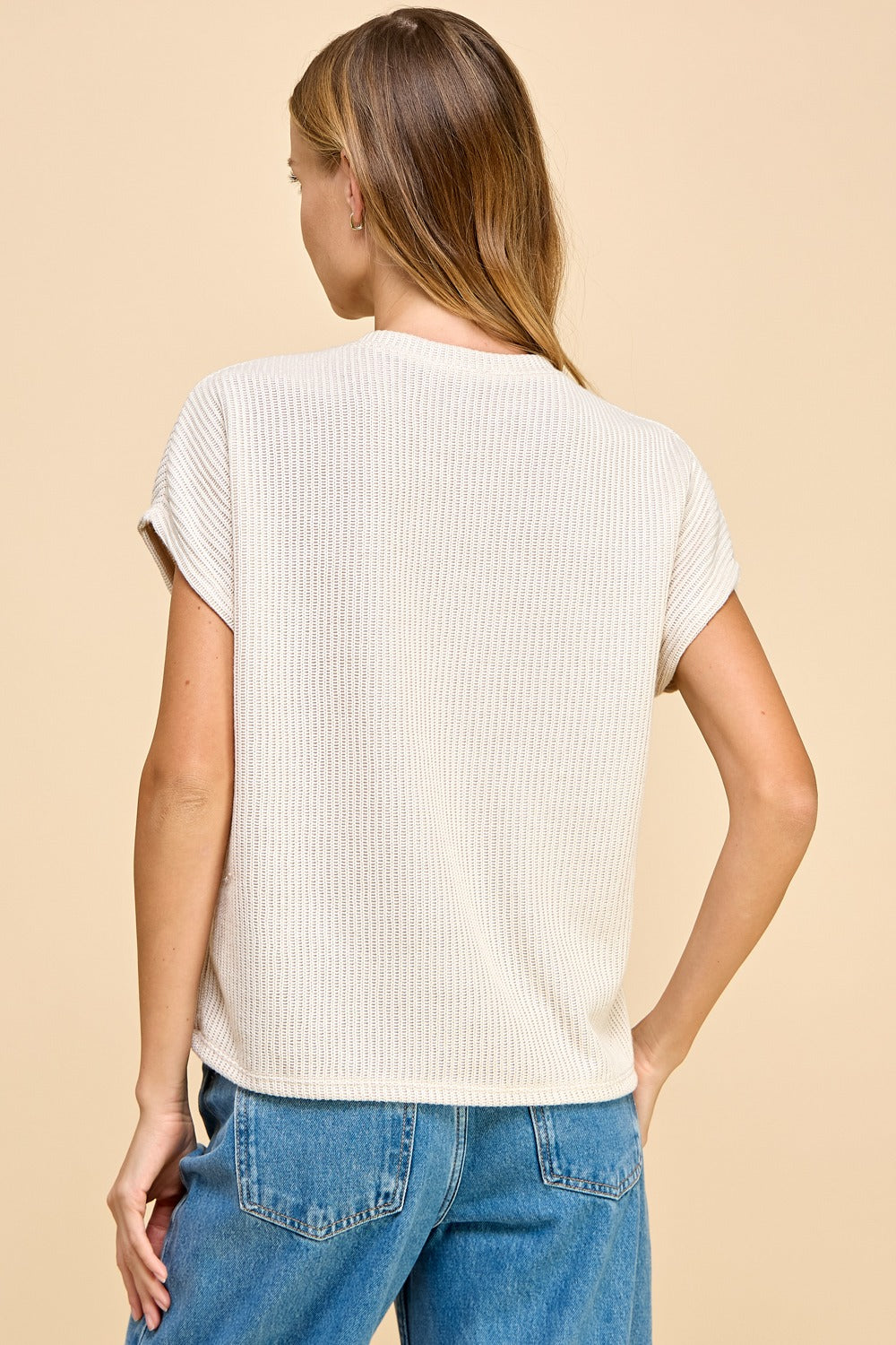 Les Amis ribbed sweater top with short sleeves and front pocket