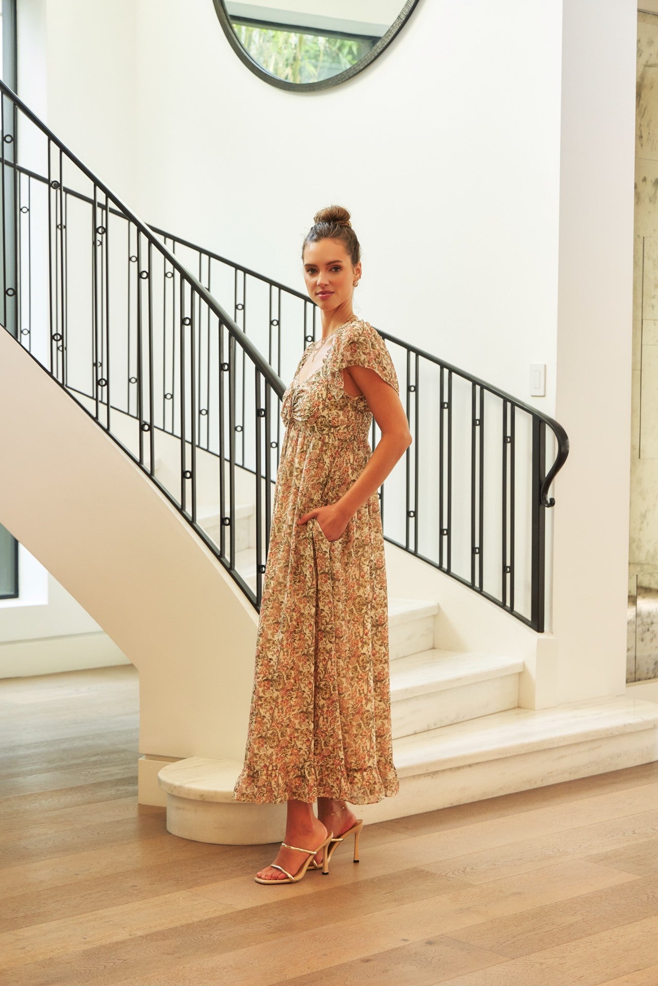 Flutter-sleeved floral maxi dress with smocked back