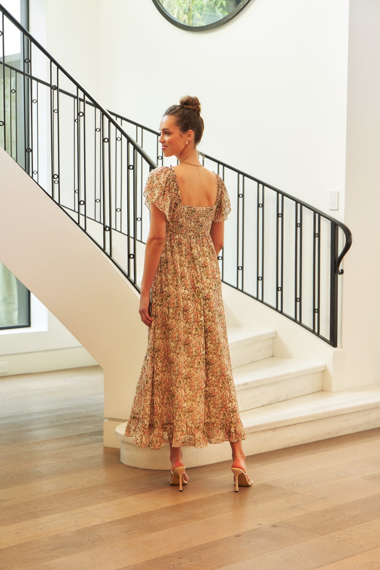 Flutter-sleeved floral maxi dress with smocked back