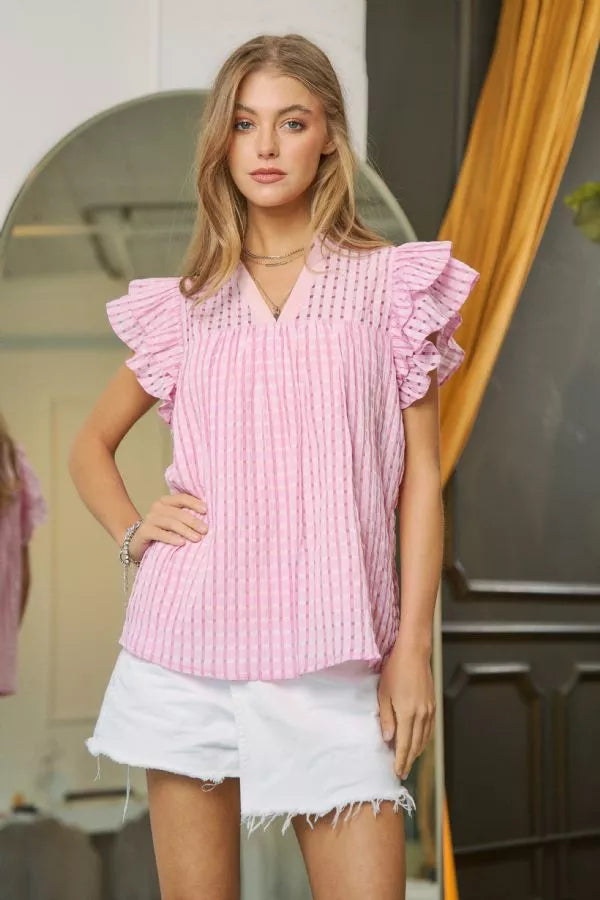 Mandarin collar with ruffle details and double layer ruffle sleeves and round hem top blouse Blouse Davi and Dani