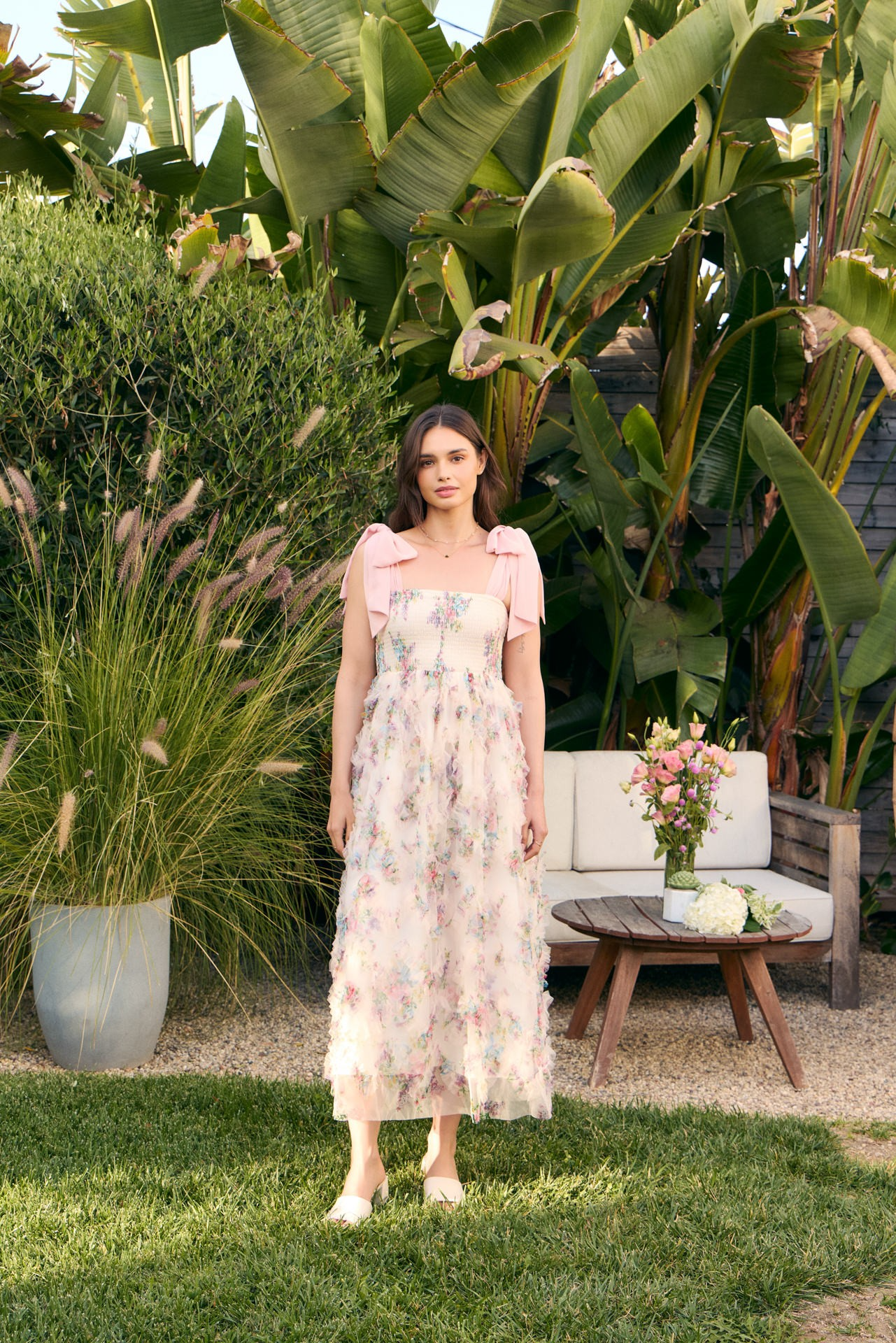 Shoulder tie smocked floral midi dress