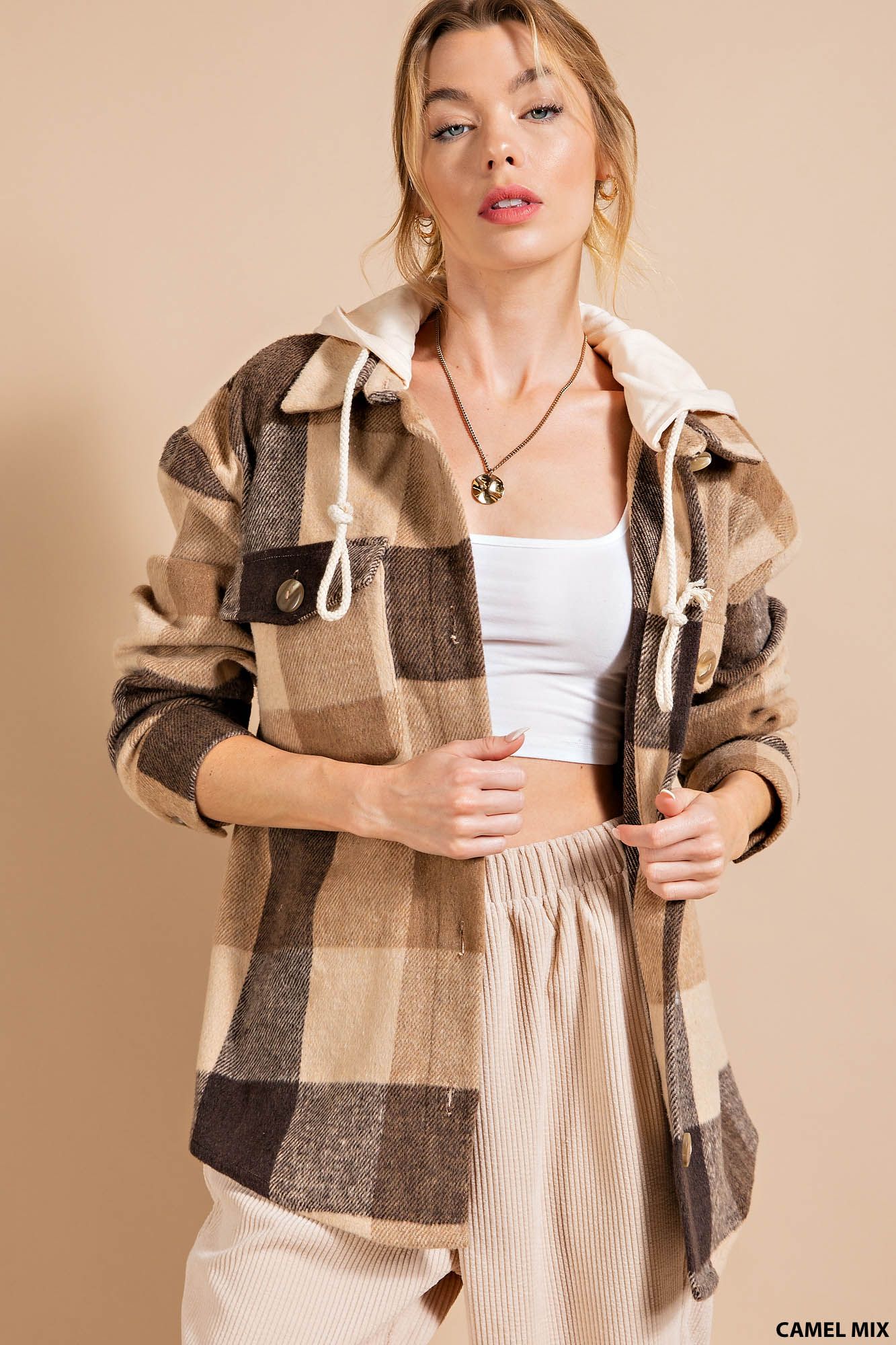 Hooded Plaid shirt jacket (shacket) RESTOCKED! NEW COLOR! Ivy and Pearl Boutique Camel S