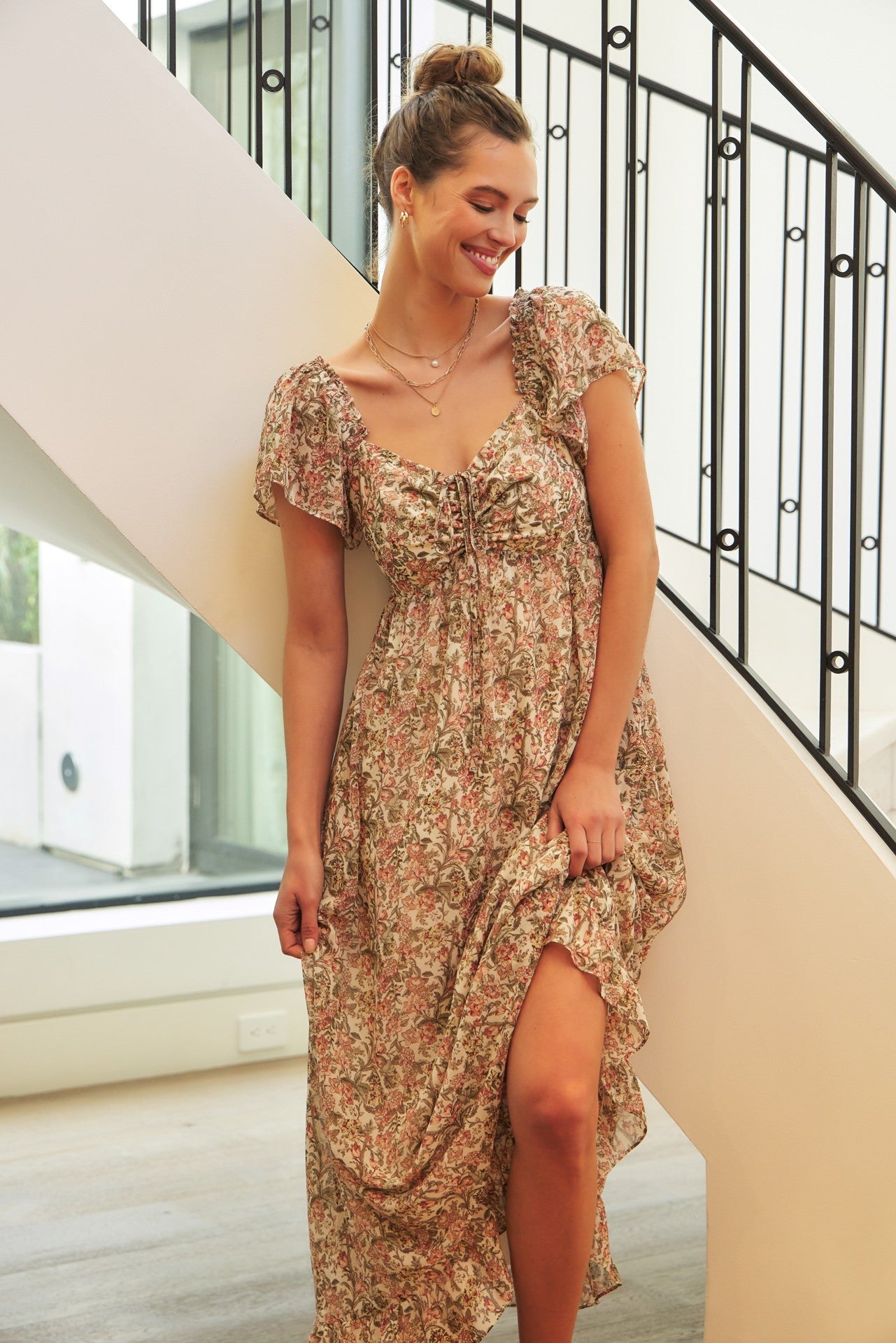 Flutter-sleeved floral maxi dress with smocked back