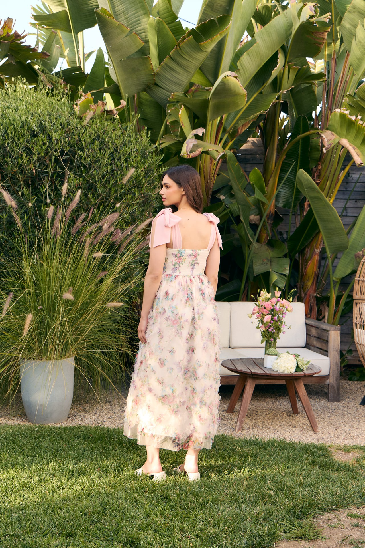 Shoulder tie smocked floral midi dress