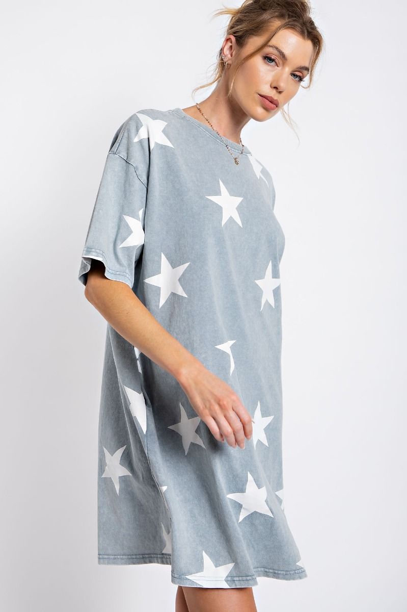 Star printed washed denim mineral washed tunic dress Dress Easel   