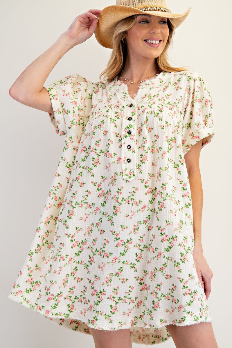 Floral printed cotton gauze mineral washed dress