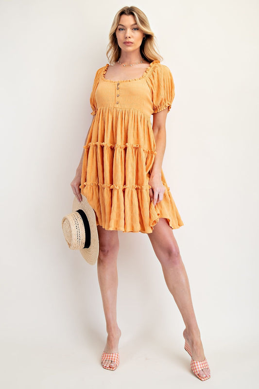 Nylon knit tiered dress with puffed sleeves and square neckline
