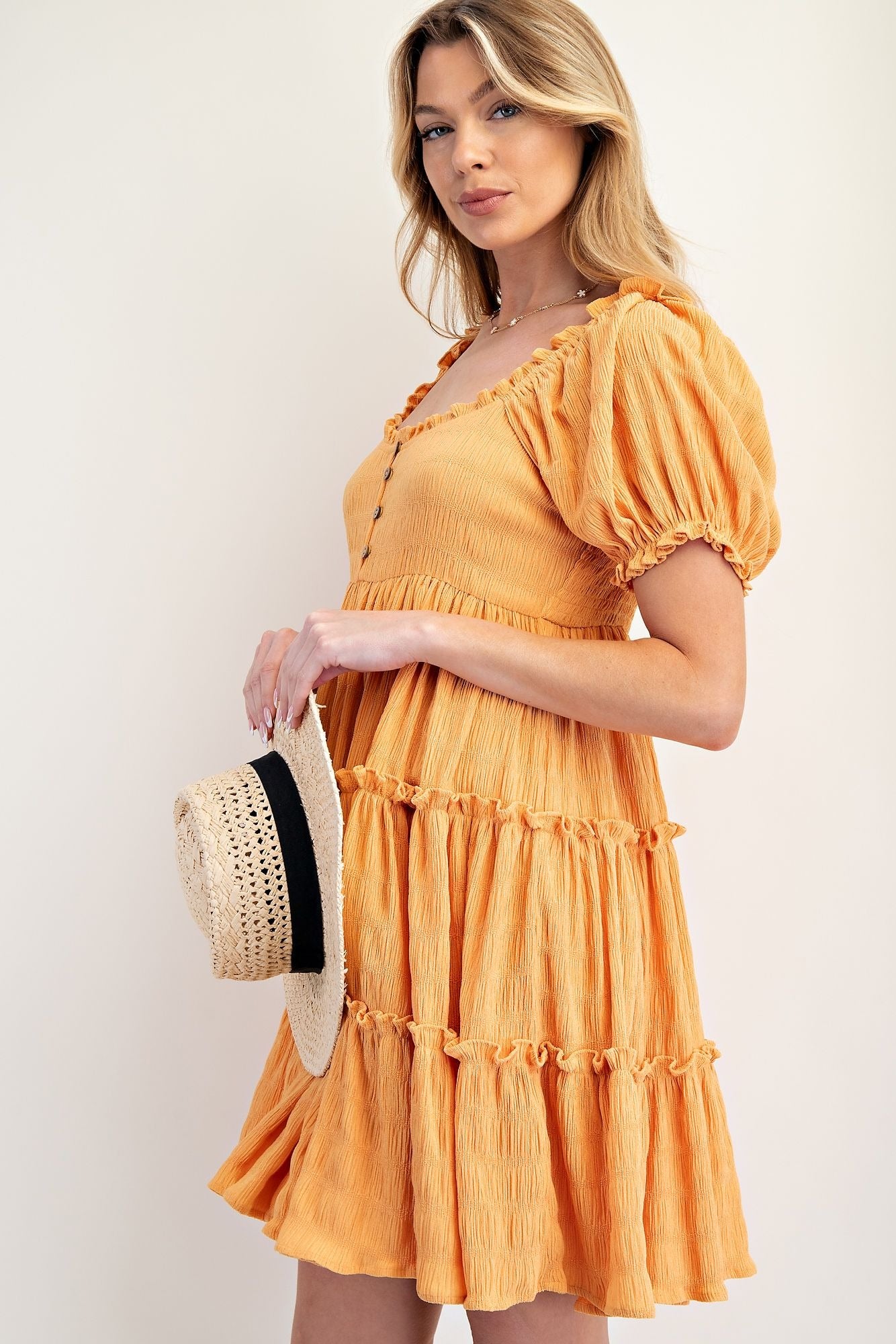 Nylon knit tiered dress with puffed sleeves and square neckline