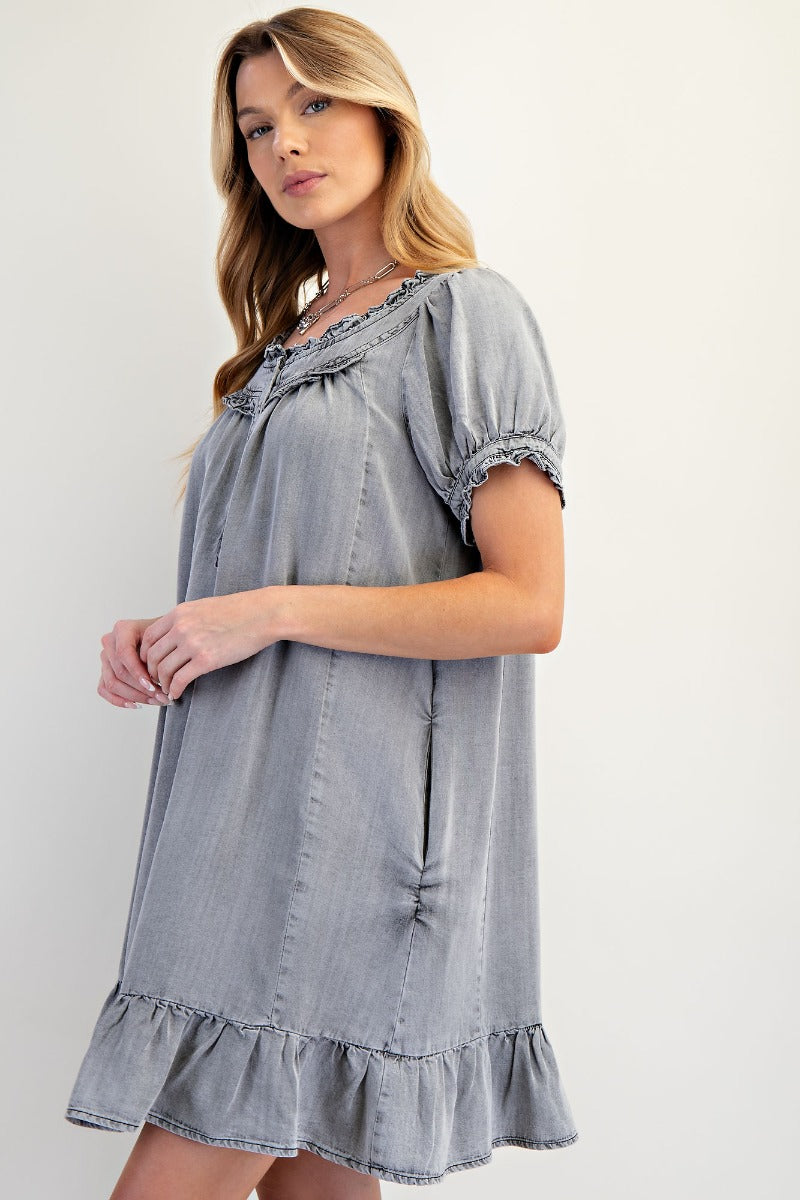 Washed chambray ruffled dress