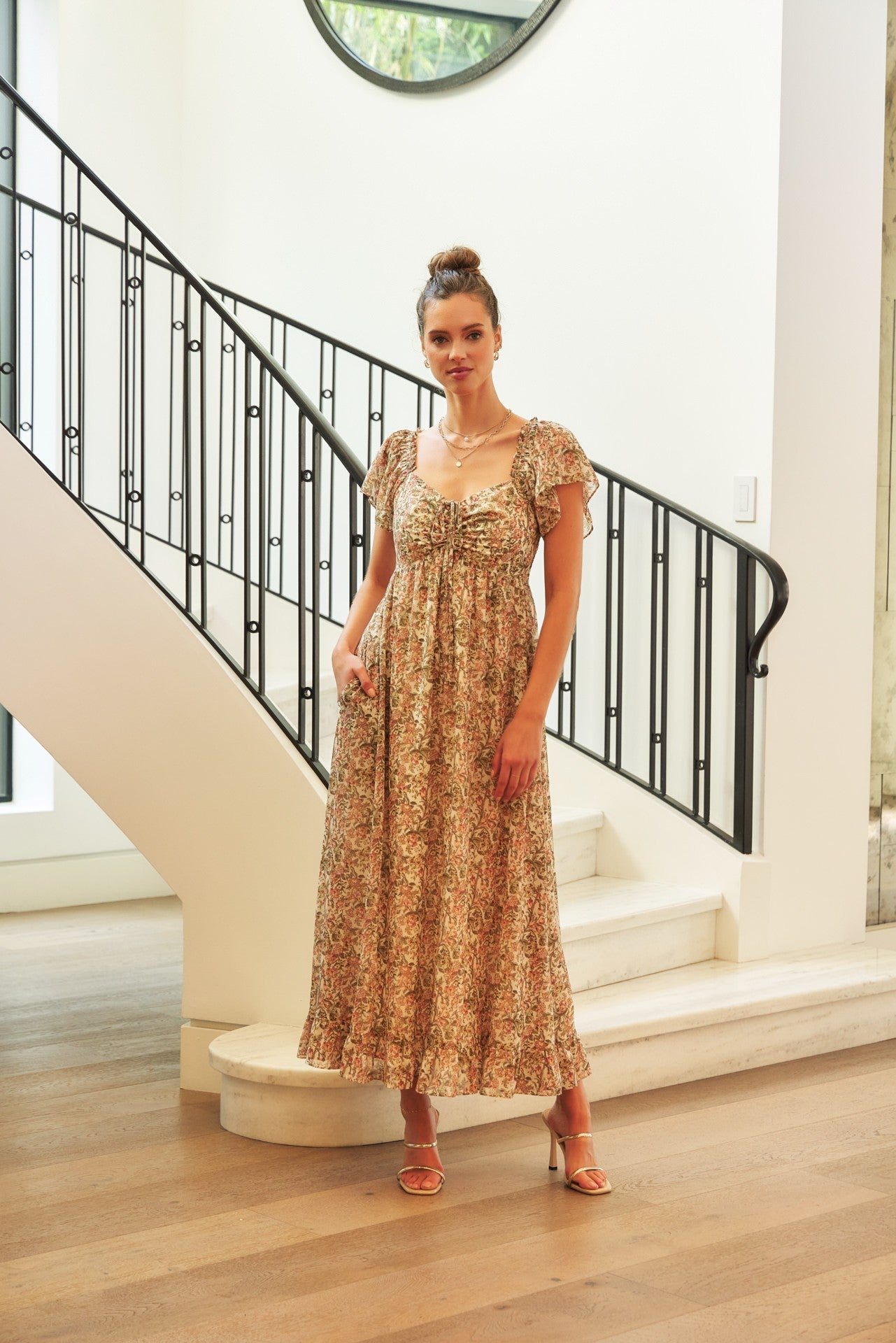 Flutter-sleeved floral maxi dress with smocked back