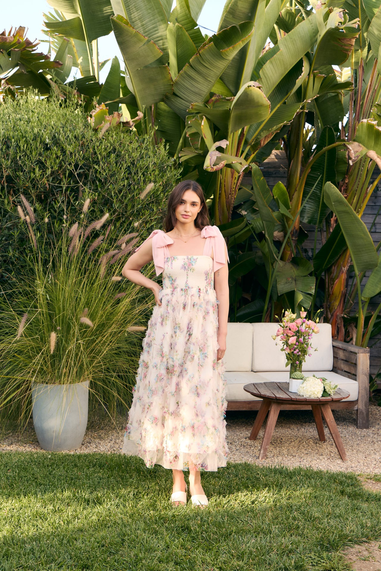 Shoulder tie smocked floral midi dress