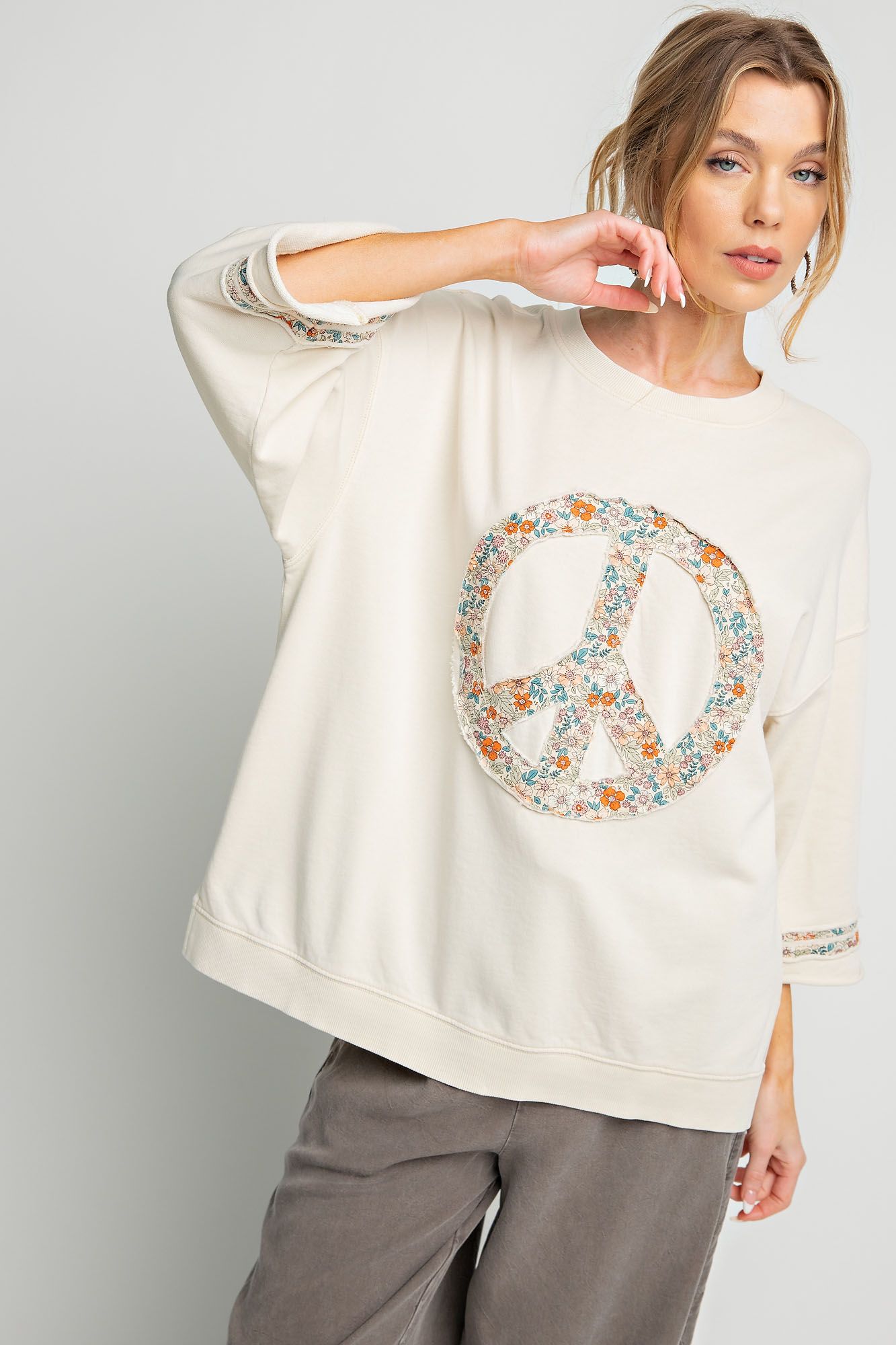 Slub mix ribbed fabric mineral wash top with peace sign symbol RESTOCKED Blouse Easel