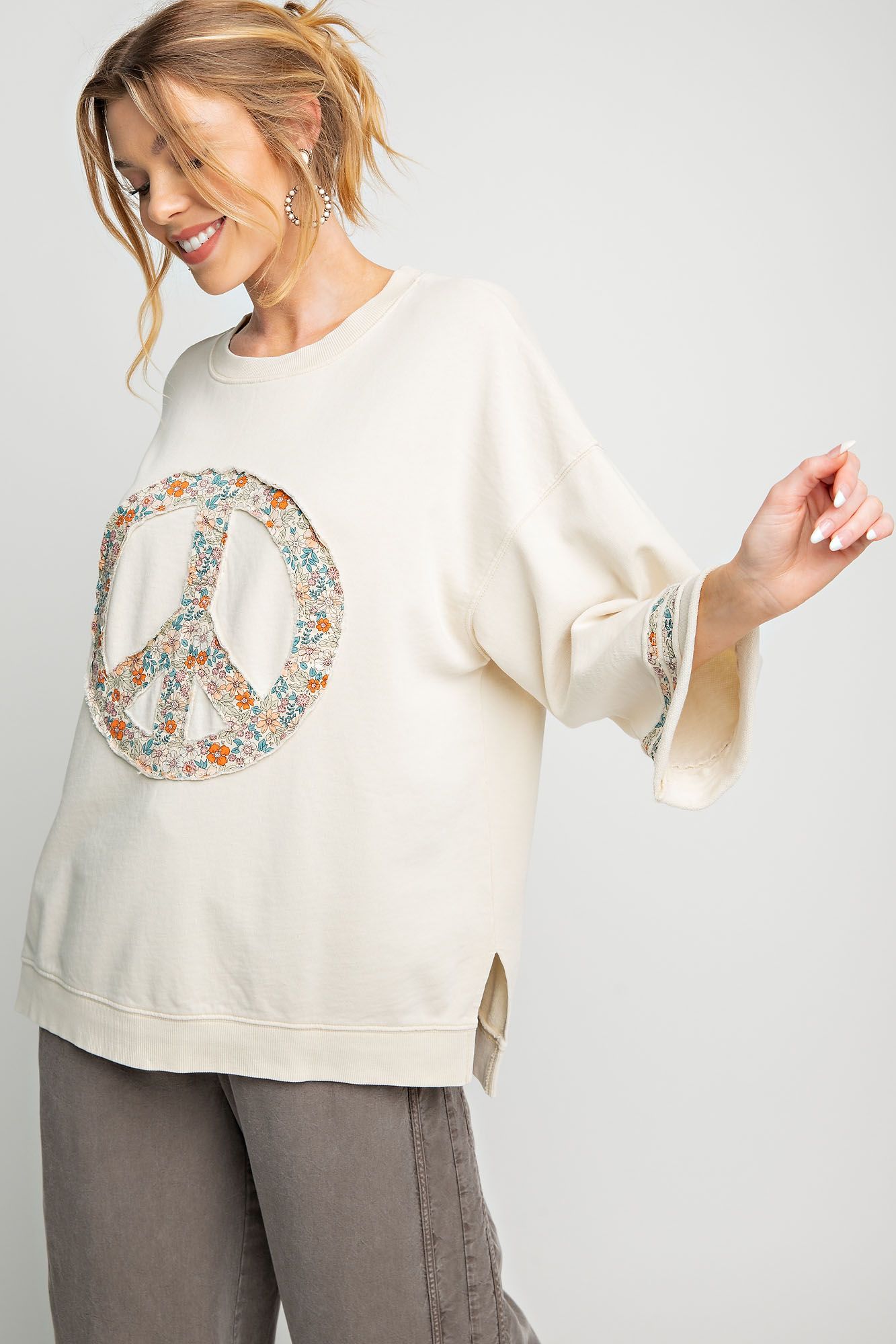 Slub mix ribbed fabric mineral wash top with peace sign symbol RESTOCKED Blouse Easel