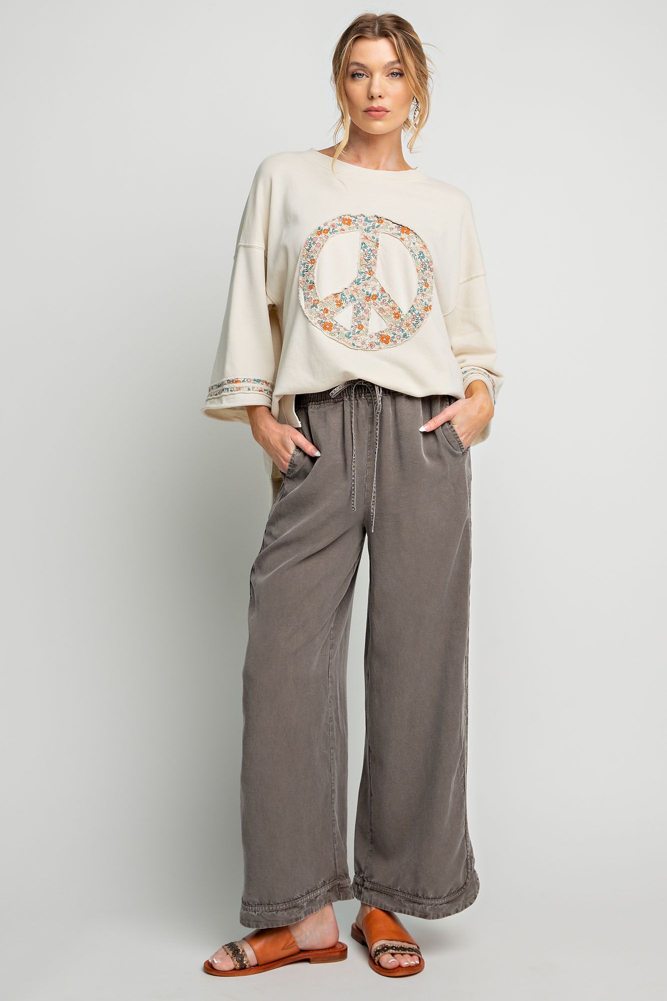 Slub mix ribbed fabric mineral wash top with peace sign symbol RESTOCKED Blouse Easel