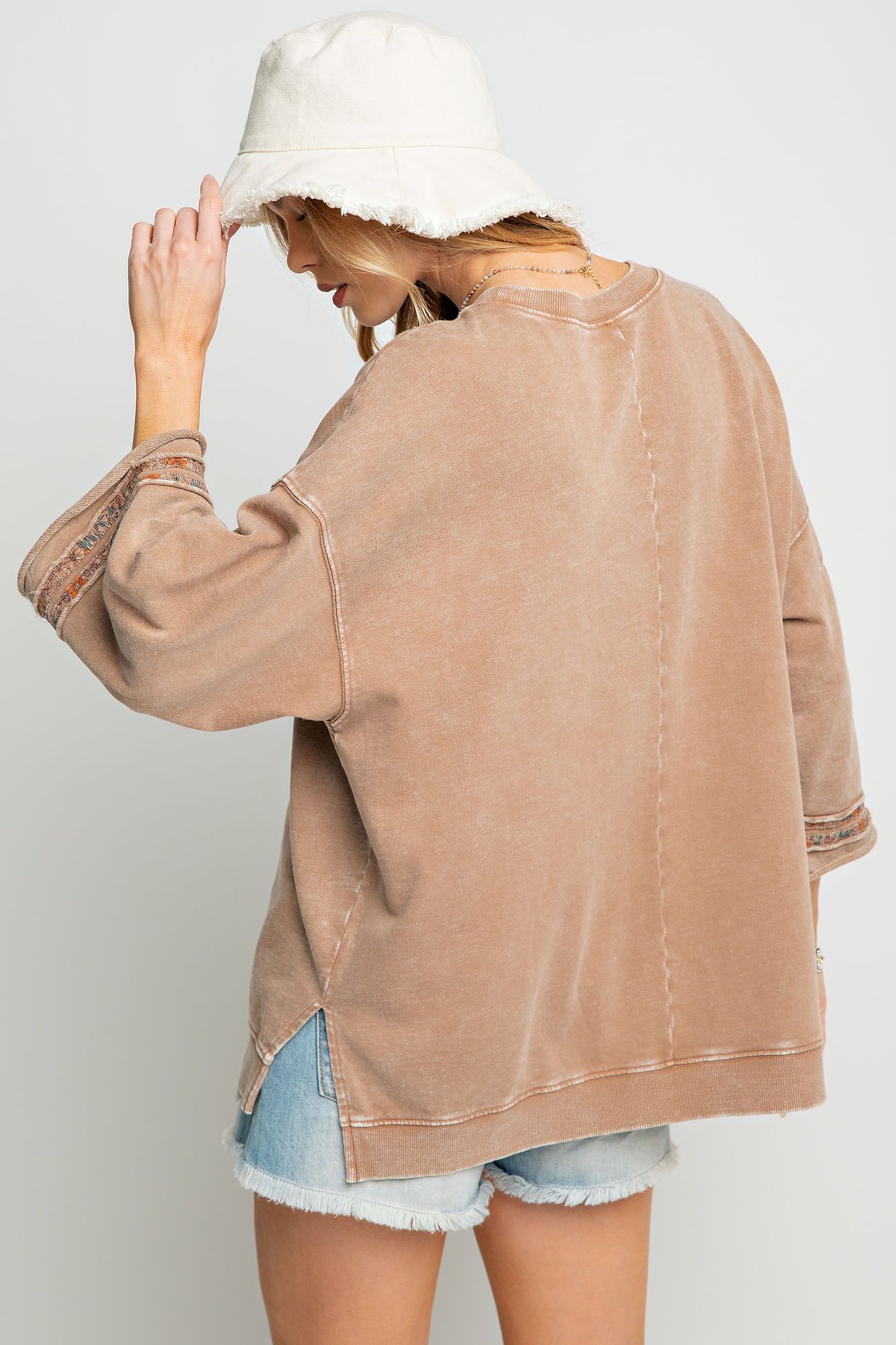 Slub mix ribbed fabric mineral wash top with peace sign symbol RESTOCKED Blouse Easel