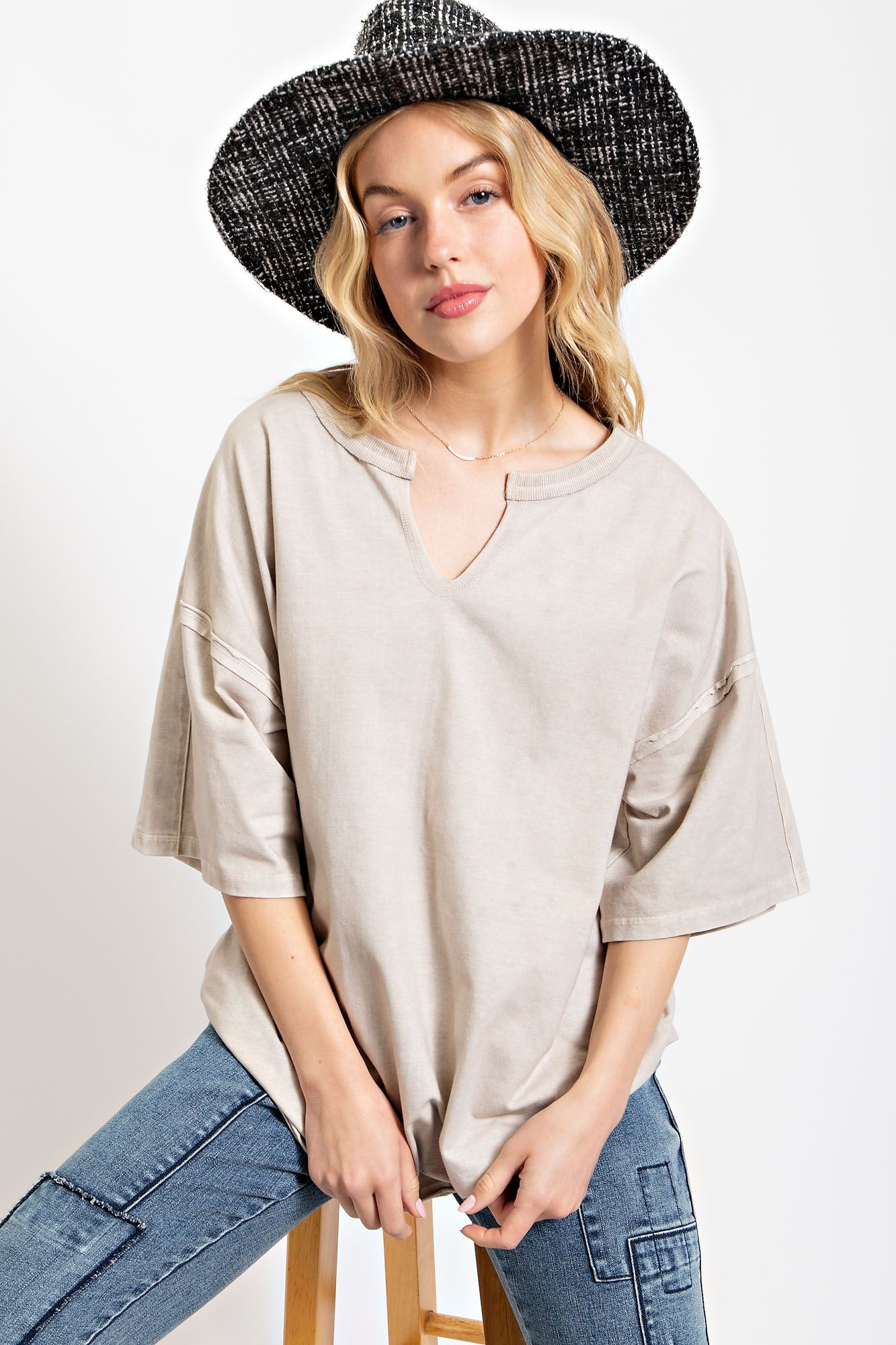 Short Sleeve Washed Cotton Jersey Oversized Top Sweatshirt Easel