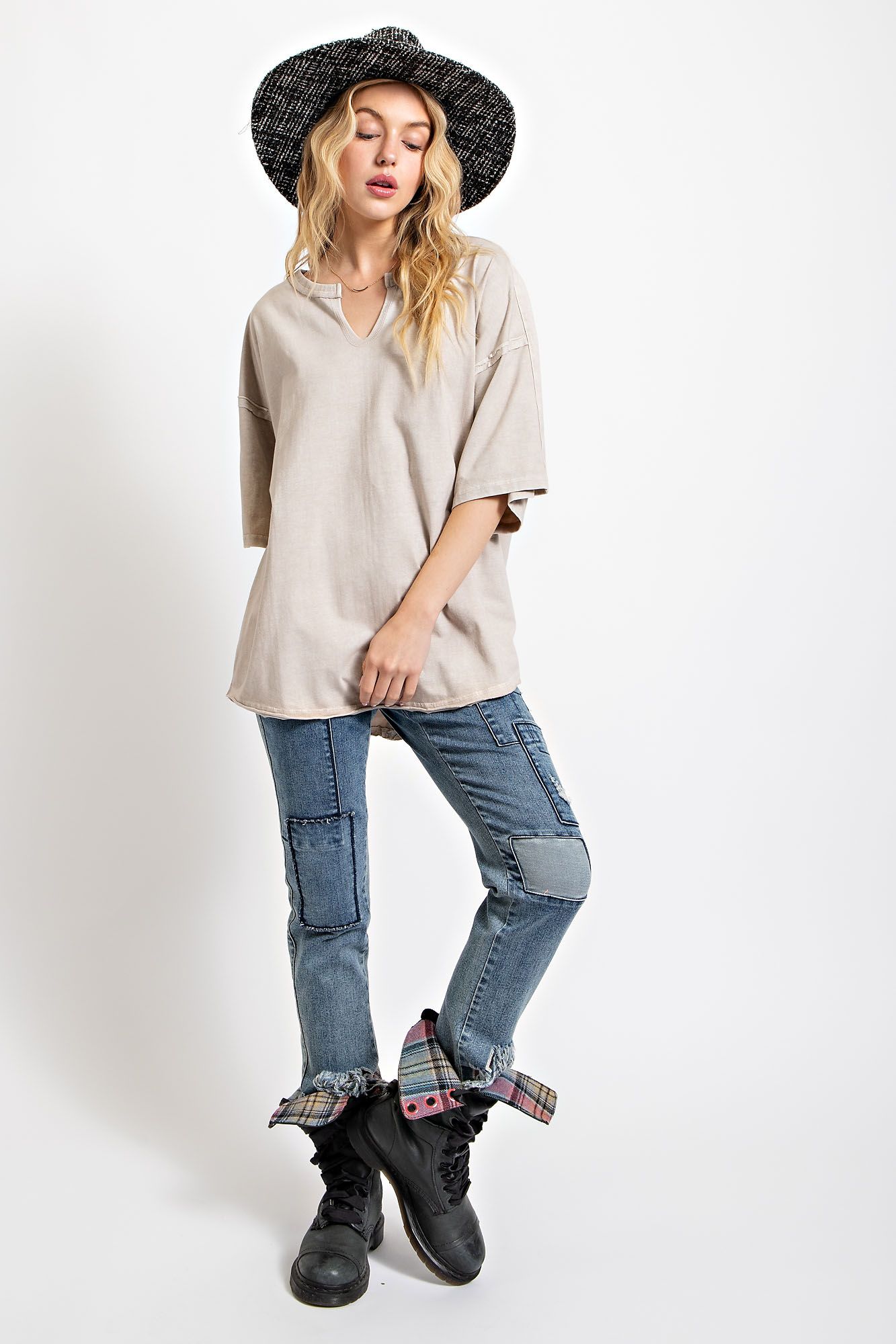 Short Sleeve Washed Cotton Jersey Oversized Top Sweatshirt Easel