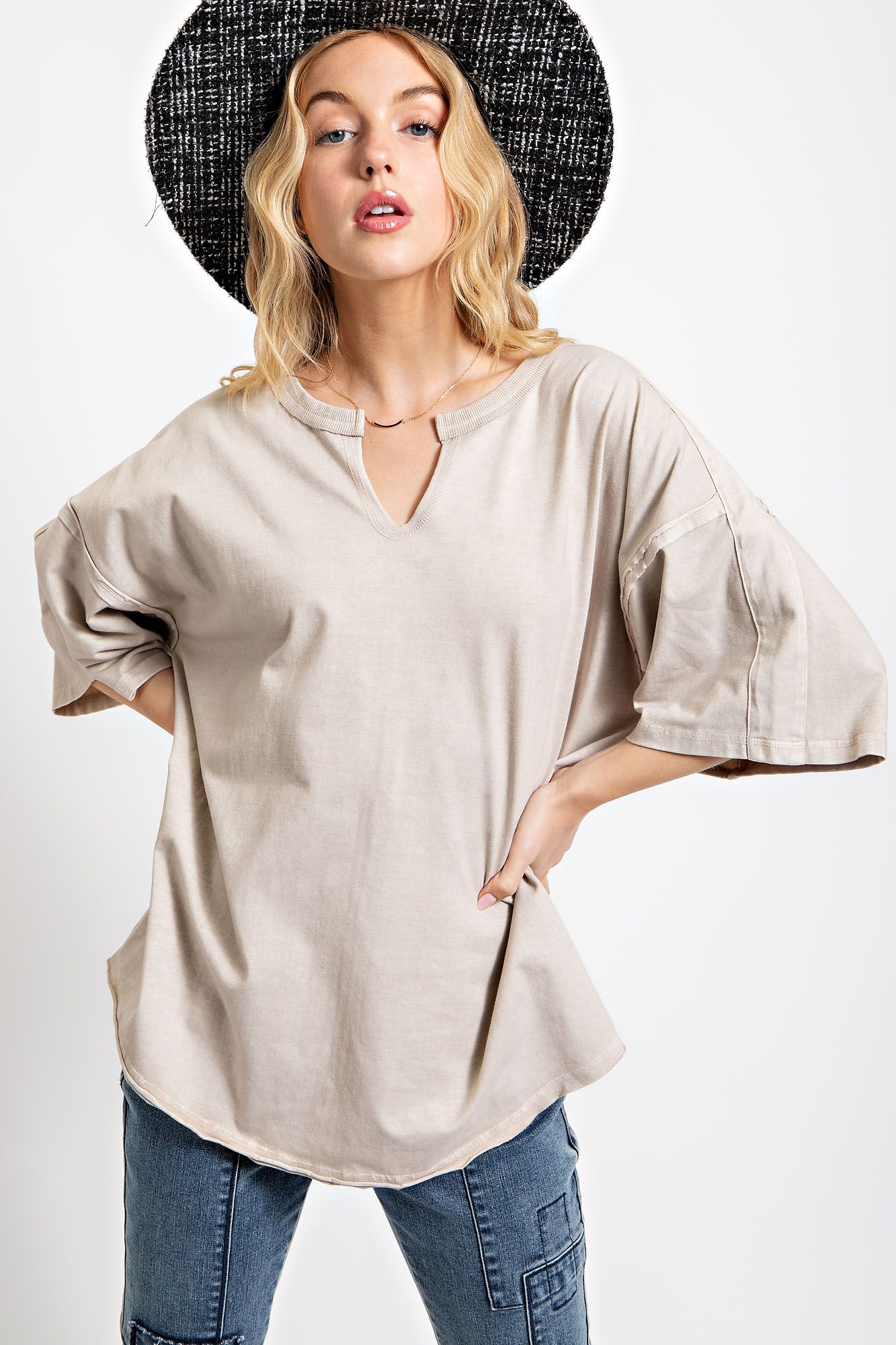 Short Sleeve Washed Cotton Jersey Oversized Top Sweatshirt Easel