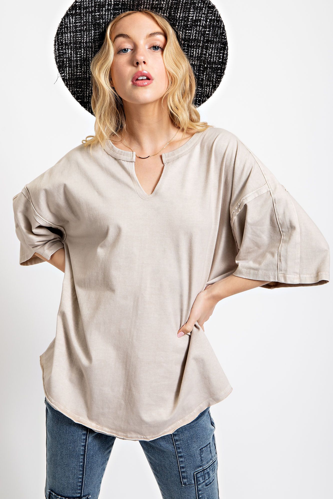 Short Sleeve Washed Cotton Jersey Oversized Top Sweatshirt Easel   