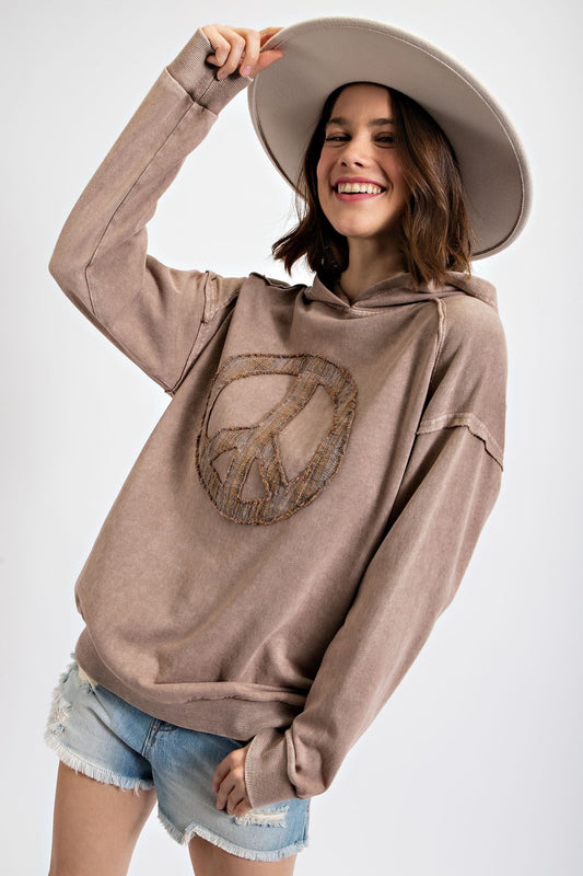 Long Sleeve Peace Sign Patch Mineral Wash Hooded Top Sweatshirt Easel