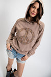 Long Sleeve Peace Sign Patch Mineral Wash Hooded Top Sweatshirt Easel