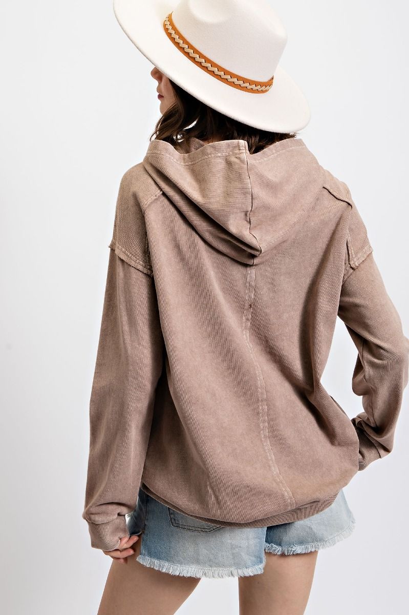 Long Sleeve Peace Sign Patch Mineral Wash Hooded Top Sweatshirt Easel