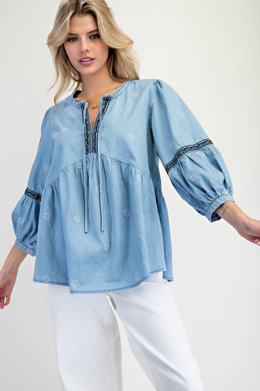 Washed denim embroidered babydoll tunic blouse