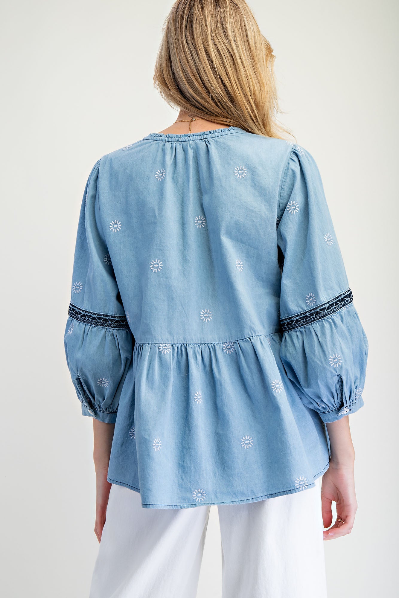 Washed denim embroidered babydoll tunic blouse
