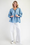 Washed denim embroidered babydoll tunic blouse