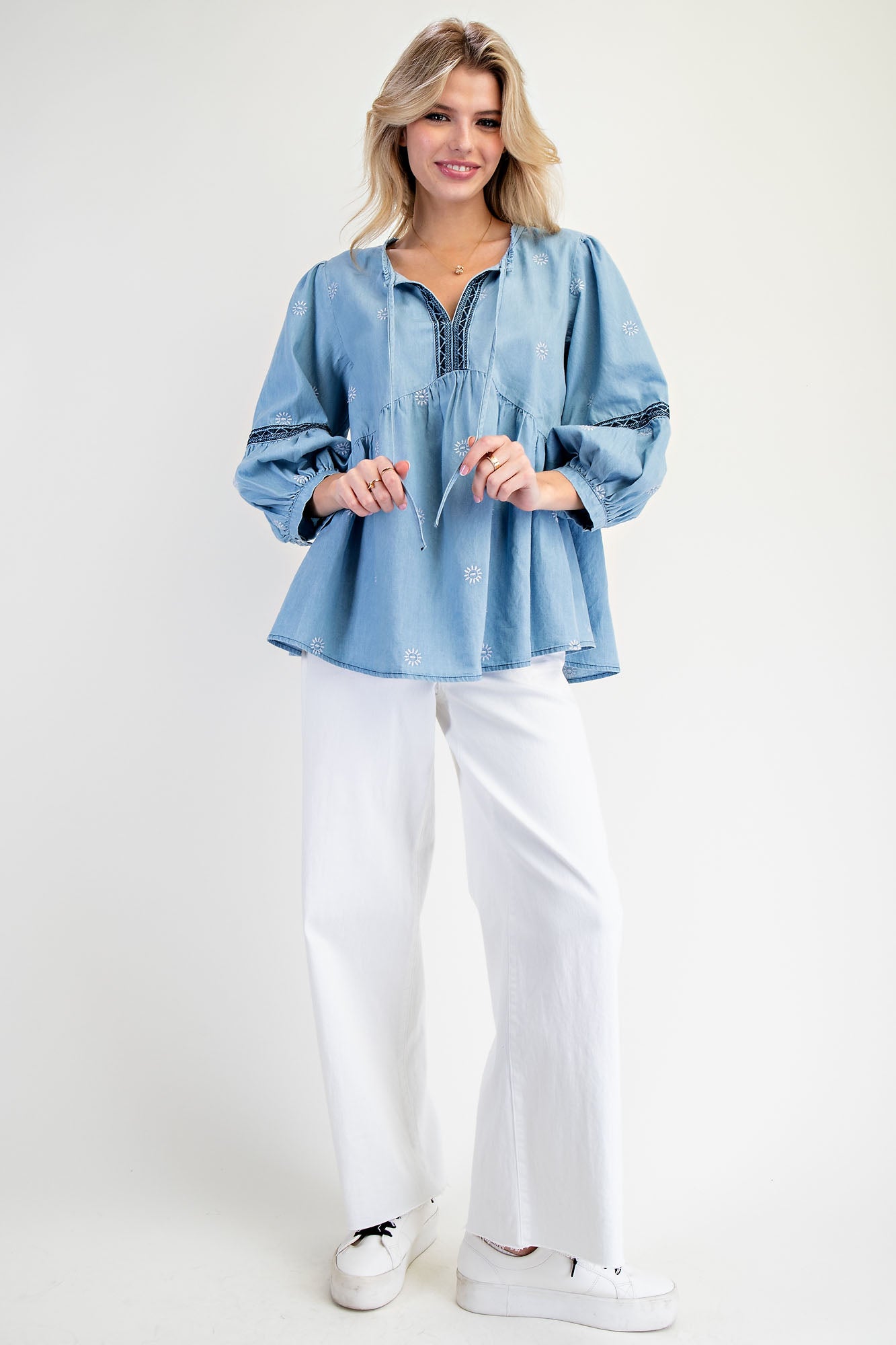 Washed denim embroidered babydoll tunic blouse