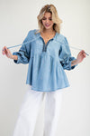Washed denim embroidered babydoll tunic blouse