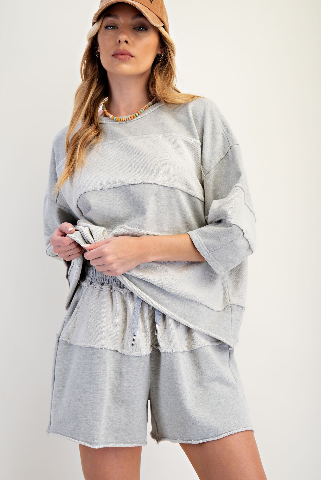 Upside down detailing mixed mineral washed terry knit top