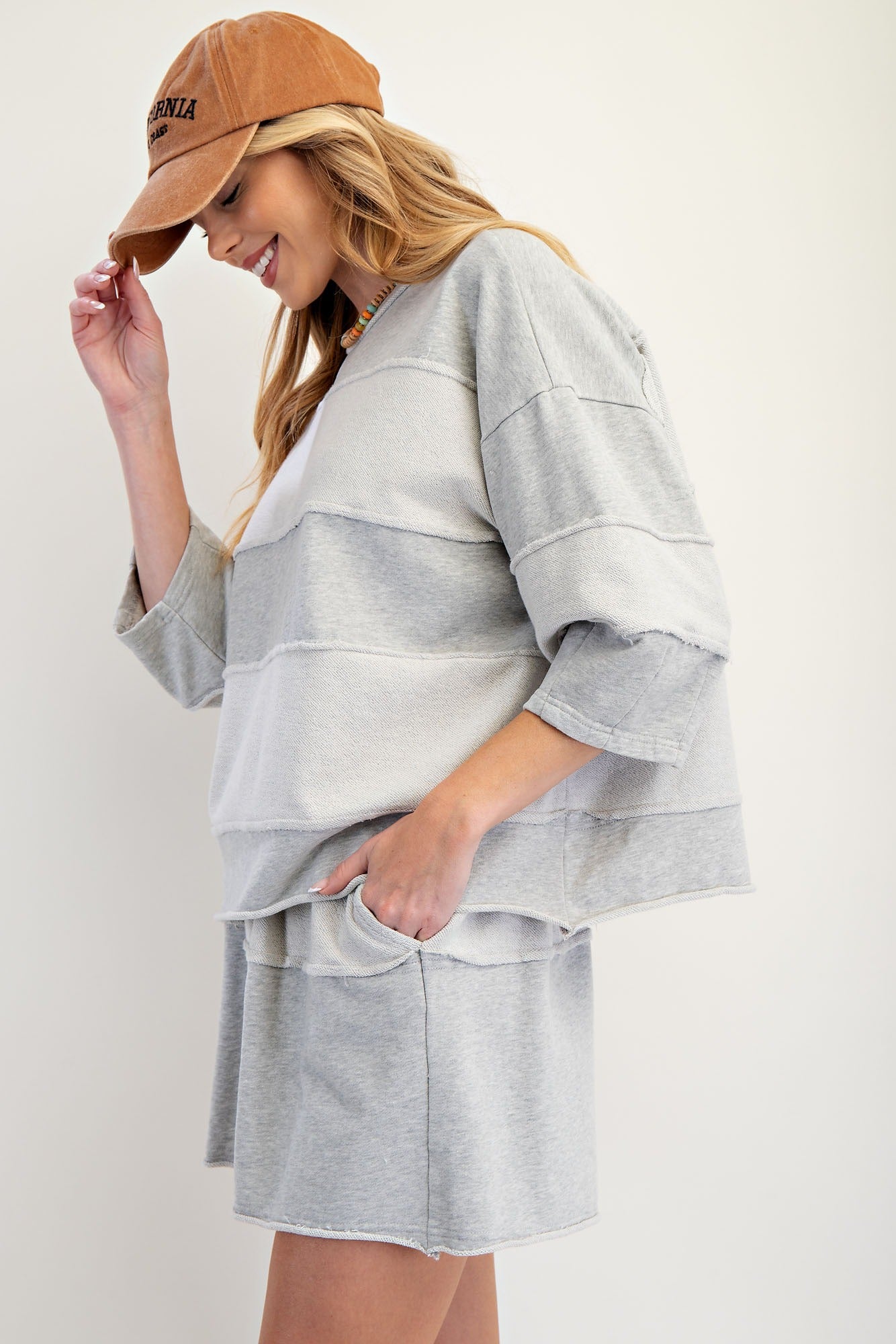 Upside down detailing mixed mineral washed terry knit top