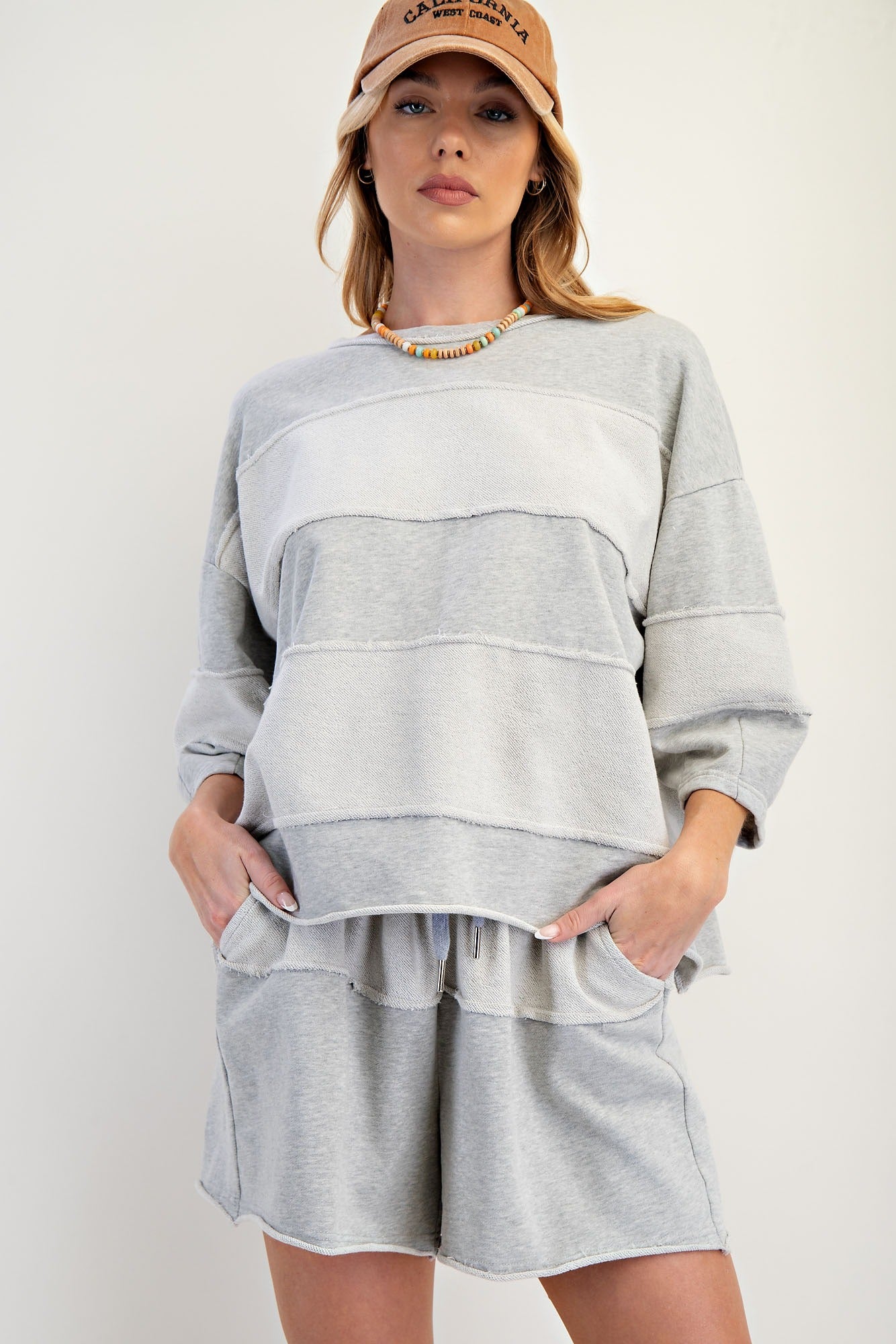 Upside down detailing mixed mineral washed terry knit top
