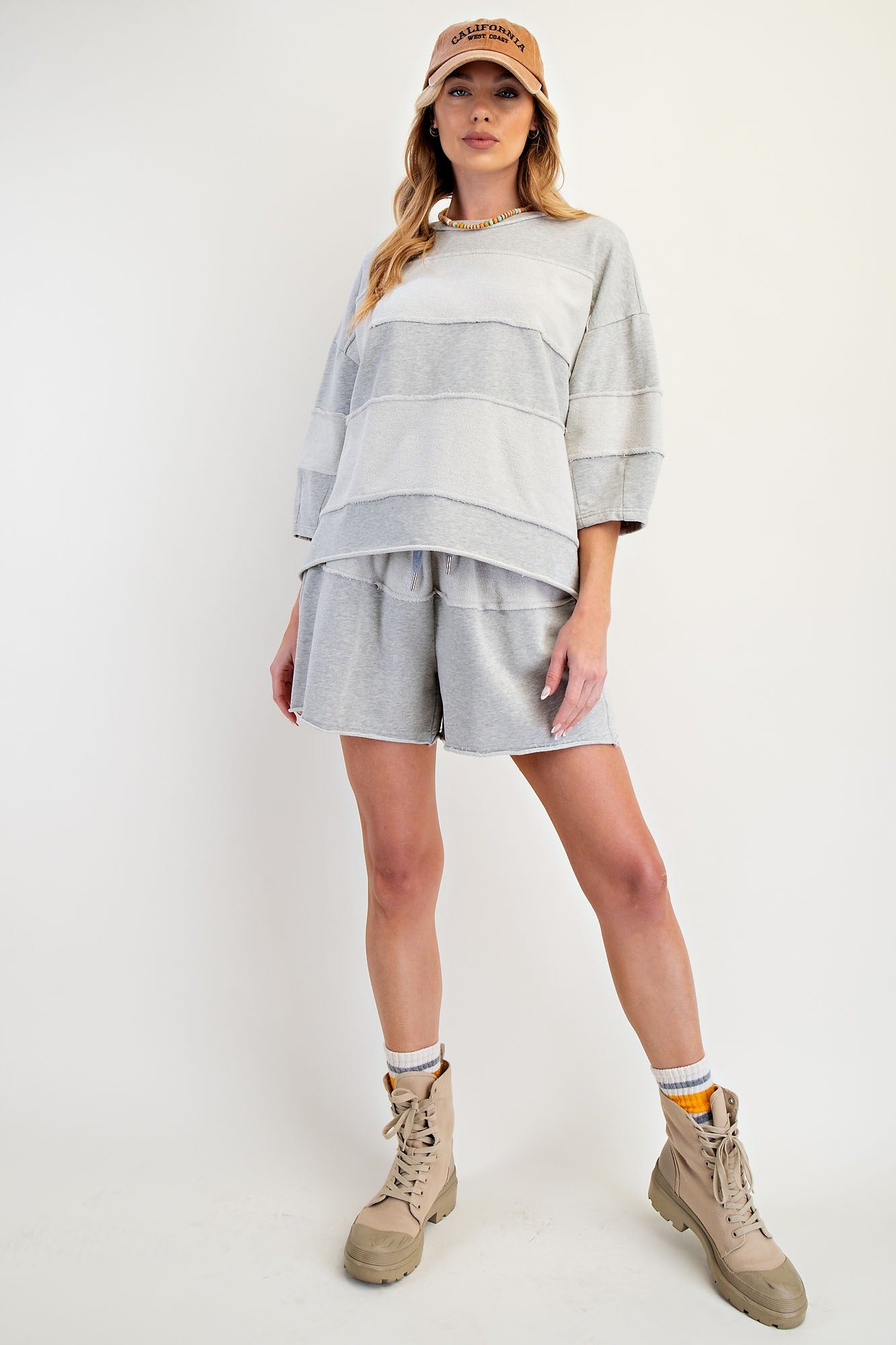 Upside down detailing mixed mineral washed terry knit top