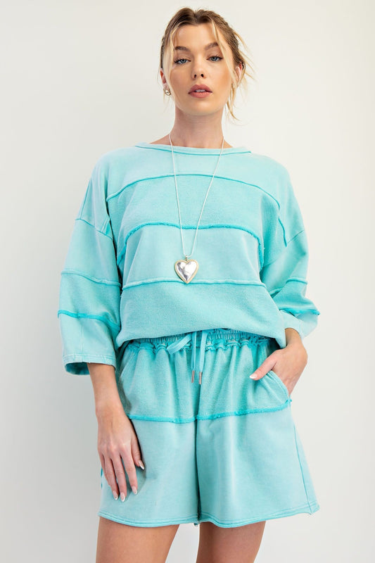 Upside down detailing mixed mineral washed terry knit top