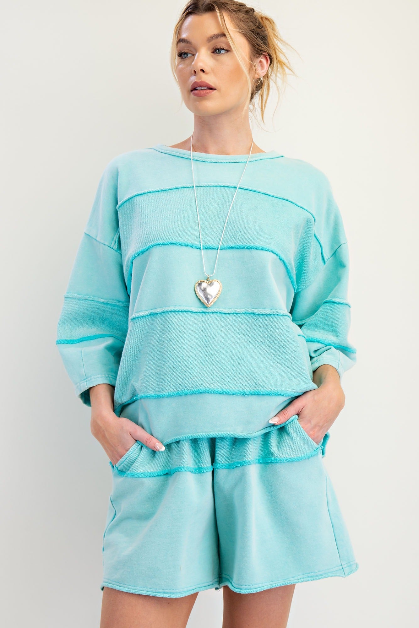 Upside down detailing mixed mineral washed terry knit top