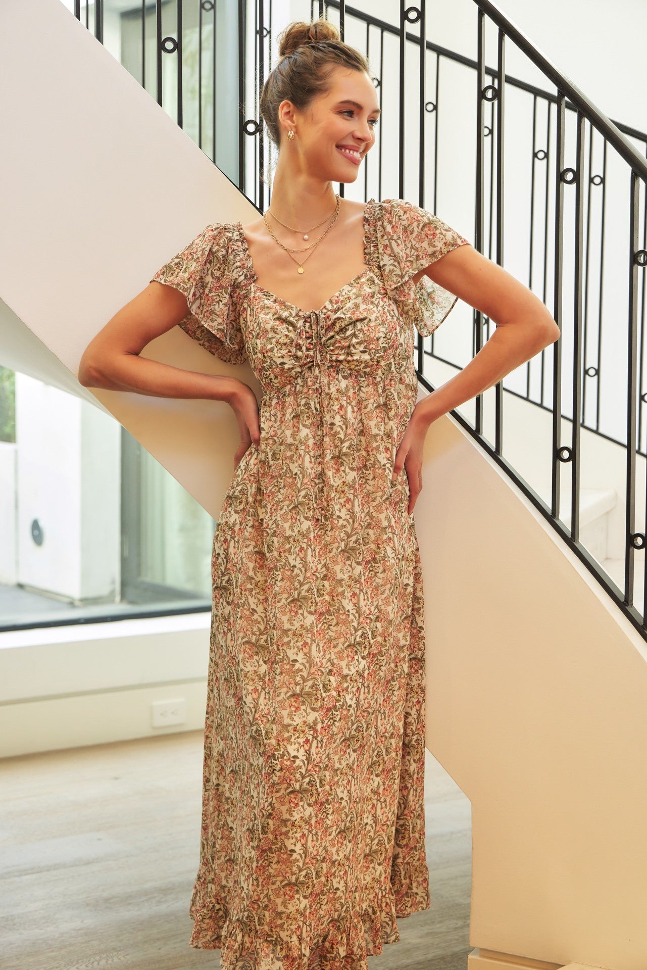 Flutter-sleeved floral maxi dress with smocked back