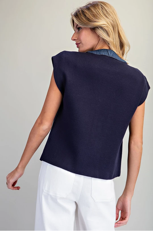 Denim trim patch pocket knit top