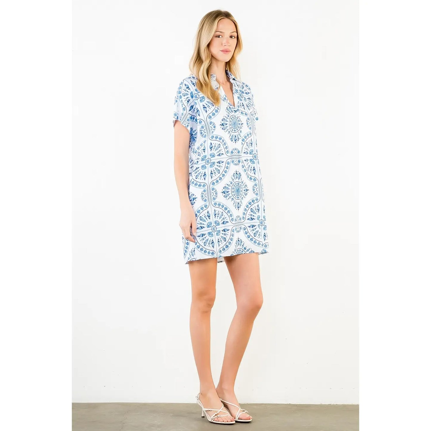 THML Short sleeve pattern detail v-neck dress