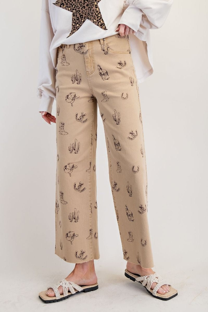 Western printed washed twill pants
