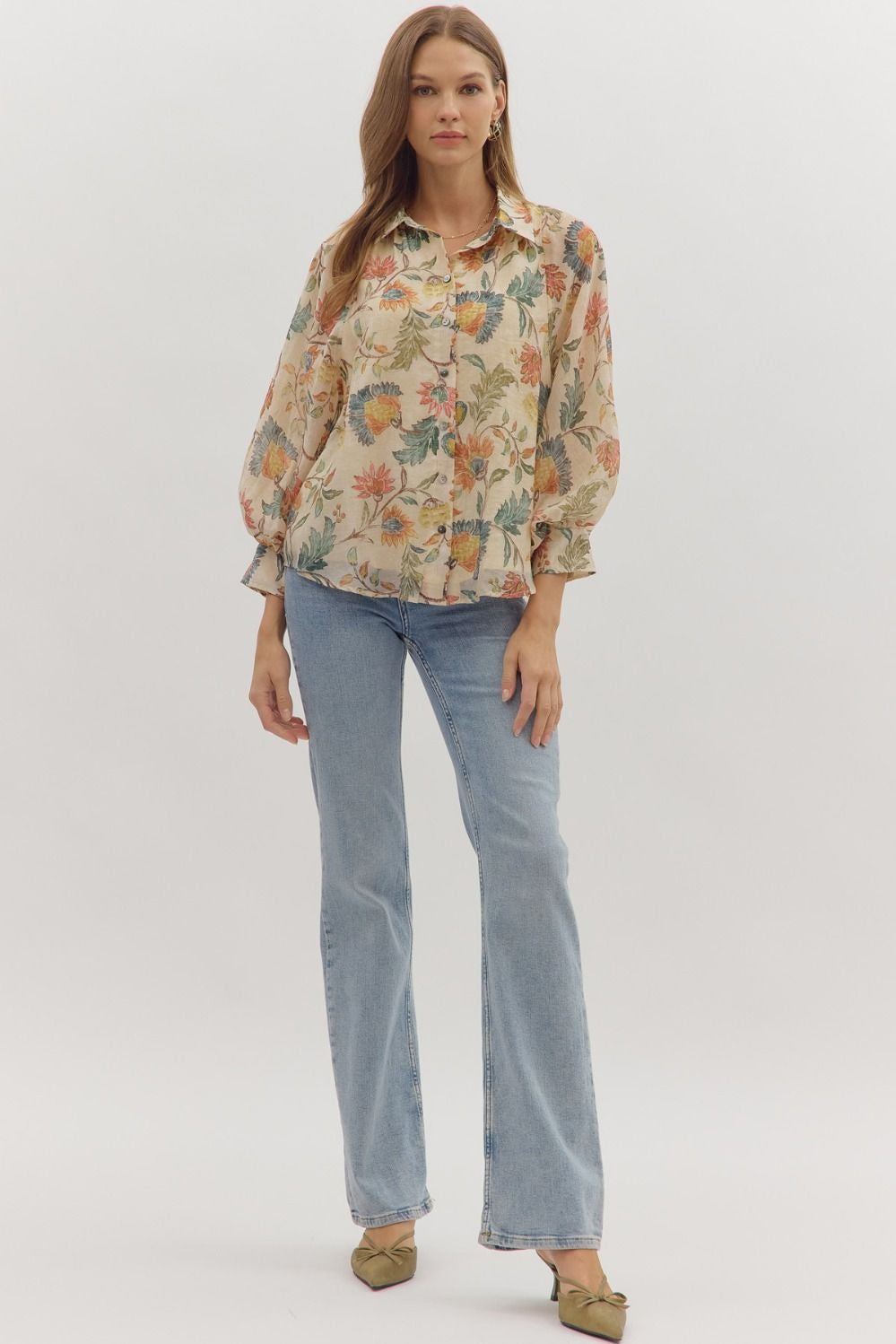 Floral print button-down top featuring dropped shoulders