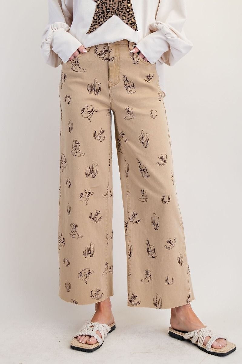 Western printed washed twill pants