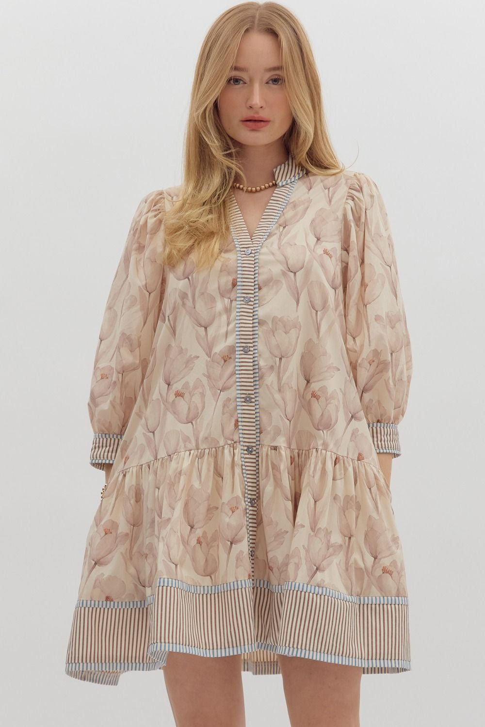 Floral print cuff band 3/4 sleeve ruffle hem mini dress