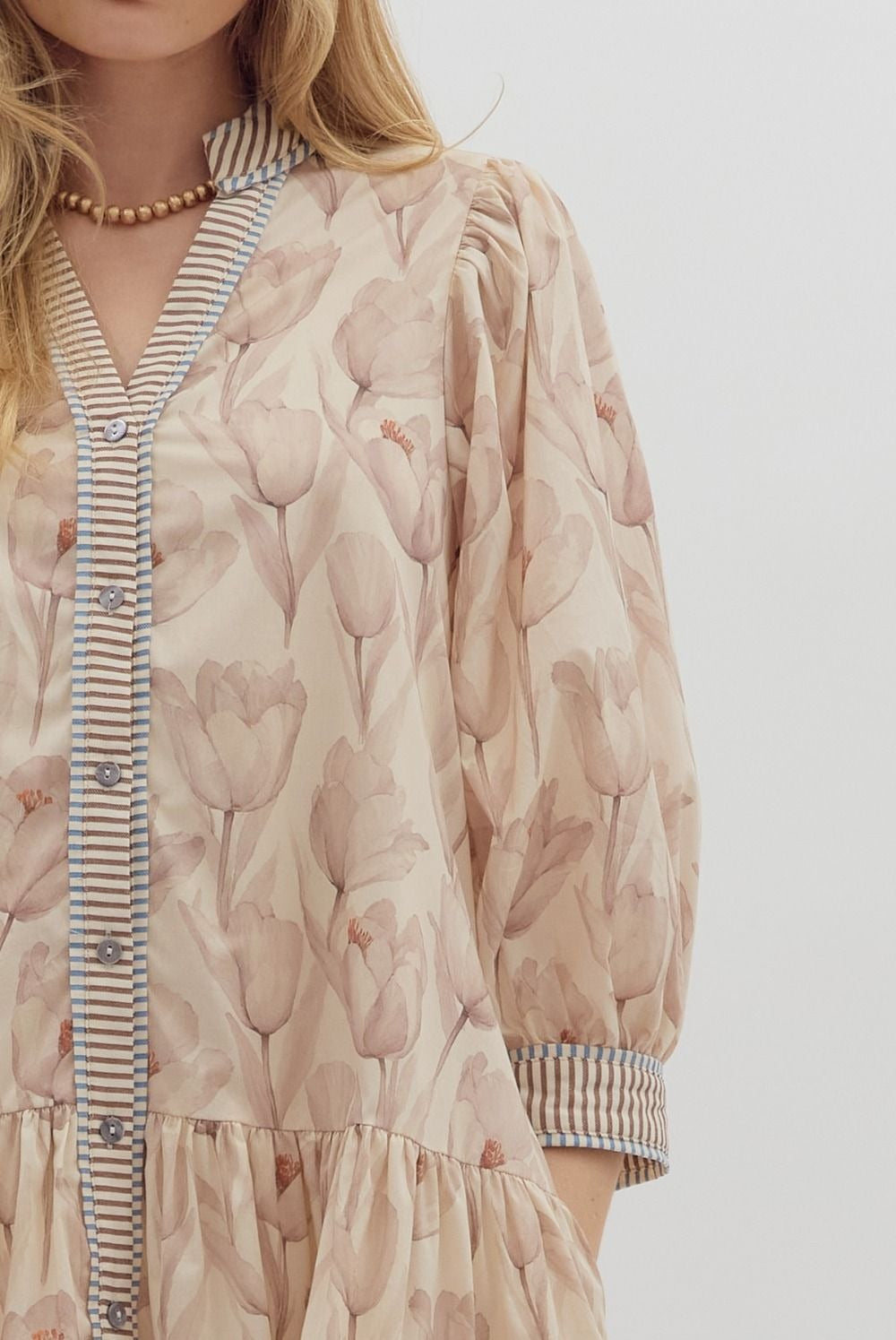 Floral print cuff band 3/4 sleeve ruffle hem mini dress
