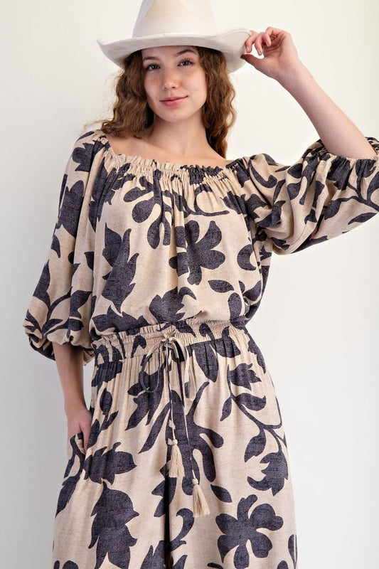 Bubble sleeves printed rayon challis top with elasticized neckline