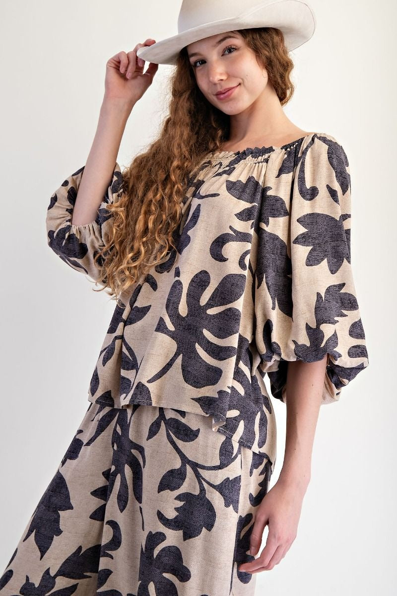 Bubble sleeves printed rayon challis top with elasticized neckline