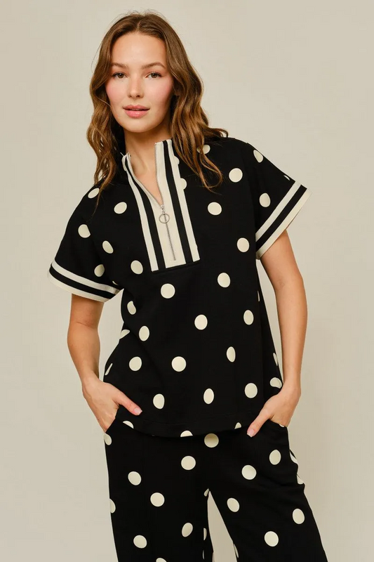 Drop shoulder front zip up polka dot top and bottom with color rib band accent, mock neck